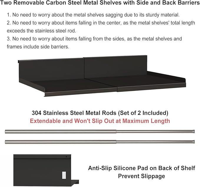 Expandable Under Cabinet Shelf Organizer with 0.94-Inch Thick Clips, Heavy Duty Extendable Under Shelf Storage Basket for Pantry or Laundry Room, Black, 1 Pack, Interior: 4.13" H x 8.54" D
