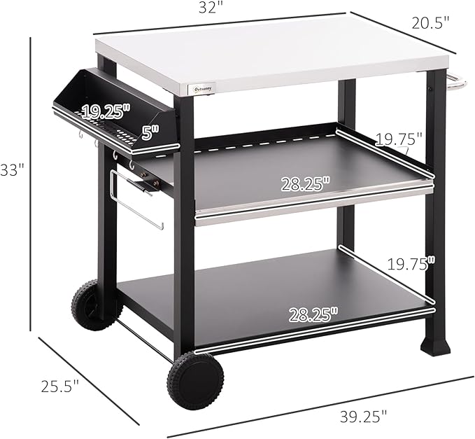 CHARMMA Three-Shelf Outdoor Grill Cart with Stainless Steel Tabletop, Side Handle, 32" x 20.5" Multifunctional Pizza Oven Stand, Movable Food Prep Table on Wheels, 39.25x25.50x33in