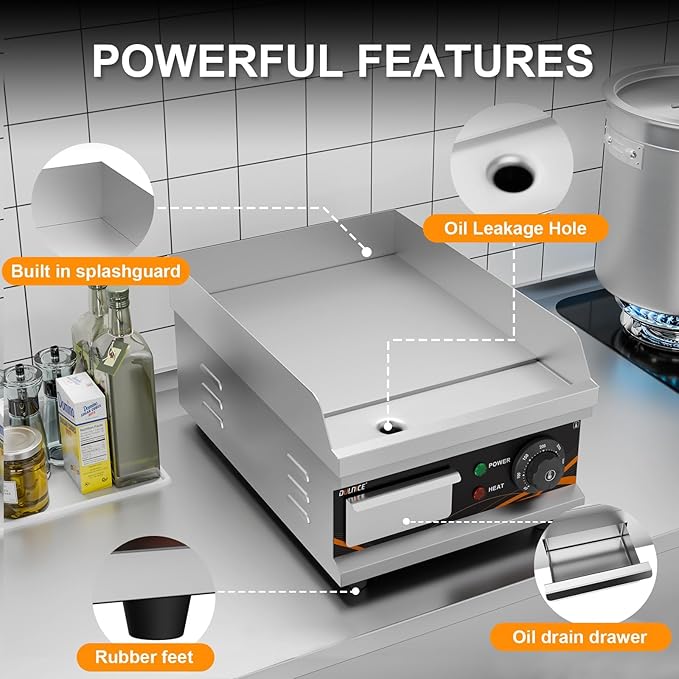 Commercial Electric Griddle, 1500W Electric Countertop Flat Top Griddle with Thermostat, 12" Stainless Steel Flat Top Grill, Non-Stick Teppanyaki Grill for Home & Restaurants