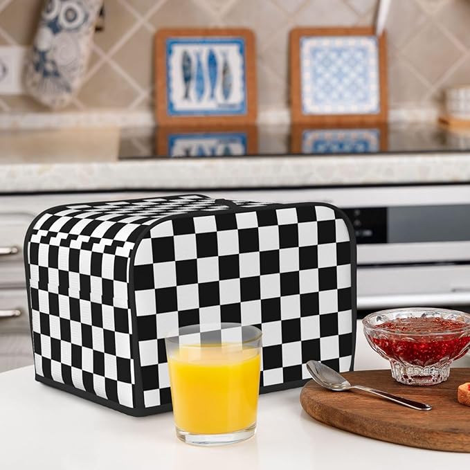Black White Checkered 4 Slice Toaster Cover, Waterproof Toaster Dust Cover Bread Maker Protective Cover For Small Kitchen Appliance Dining Room Table Home Decor Gifts