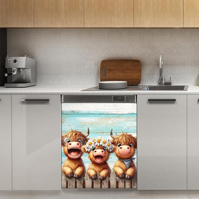 Cute Animal Highland Cow Dishwasher Magnet Cover Magnetic Dishwasher Decorative Cover Front Dishwasher Door Cover Reuseable Dishwasher Cover Panel for Kitchen Refrigerator Home Appliances 23" X 26"