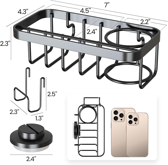 TAILI Sponge Holder with Strong Suction Cup, 4-in-1 Rustproof Sink Organizer - Sink Caddy Holds Sponges, Brushes, Stoppers & Scrapers - Black