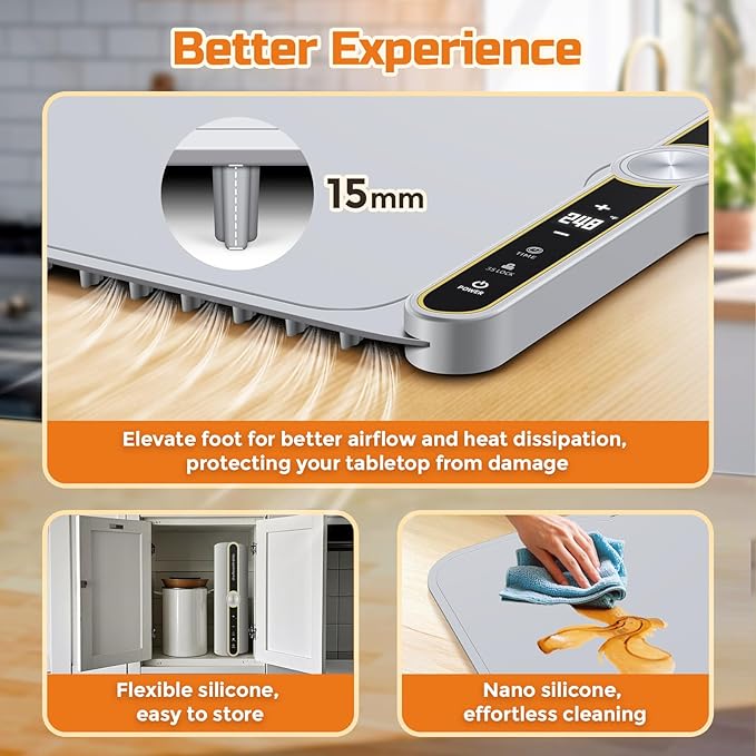 Warming Mat for Food - Super Large 40"x15" Electric Warming Tray Warm 10 Dishes, 9-Temperature Adjustable, 1-6H Timer, Child Lock, 8s Fast Heating, Foldable Food-Grade Silicone Design
