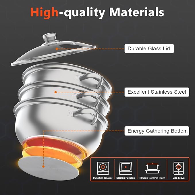 Steamer 28cm/11.02in, 3-tier Polished Stainless Steel Steam Cooker w/Clear Glass Lid & Handles, Round Stackable Multipurpose Steam Pot for All Stoves, 12.8 * 9.84in (1xBottom Pot, 2xSteamer Baskets)
