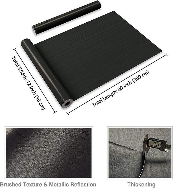 CRE8TIVE Thick Bronze Black Stainless Steel Contact Paper Peel and Stick 12"x80" Brushed Metallic Wallpaper Removable Heat Resistant Vinyl Roll for Kitchen Appliances Refrigerator Microwave Oven