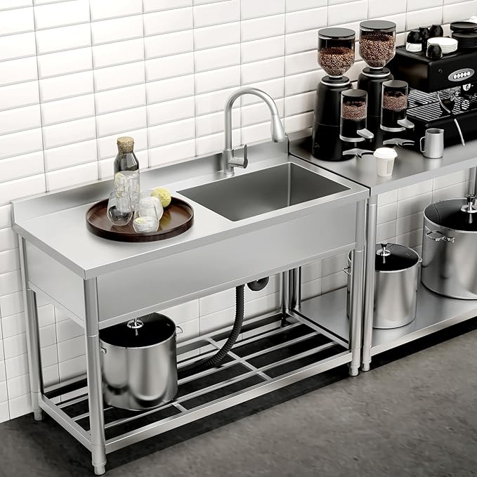 Commercial Sink with Drainboard Stainless Steel Utility Sink with Pull-out Faucet Free Standing Single Bowl Kitchen Sink with Workbench for Restaurant Garage Outoor, 21.7"D x 47.2"W x 37"H, Right Bowl