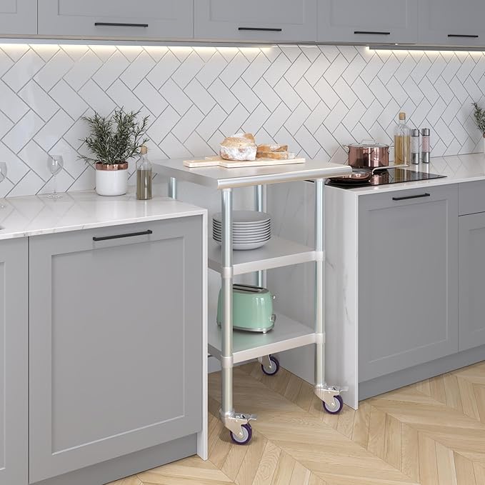 AmGood Stainless Steel Work Table with 2 Shelves and Casters | Metal Utility Table On Wheels (Stainless Steel Work Table with 2 Shelves + Casters, 24" Long x 24" Deep)