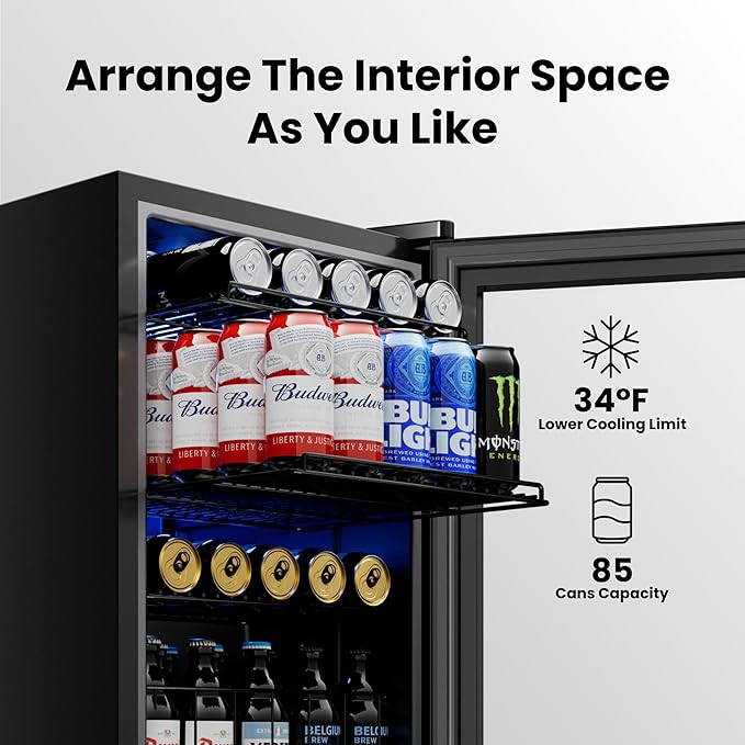 Yeego Beverage Refrigerator Cooler, 85 Cans Drink Mini Fridge with Glass Door for Soda, Beer or Wine, Beverage Cooler with Digital Temperature Control from 34°F to 54°F for Home, Office or Bar (Black)