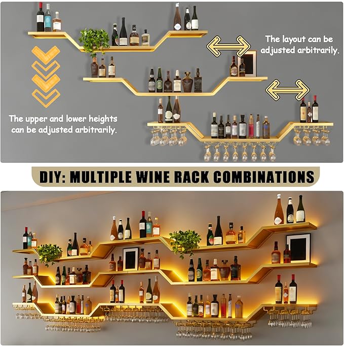 78.7in Modern LED Wine Rack Wall Mounted, 3-Tier Floating Bar Shelves with Wine Glass Rack, Large Hanging Liquor Shelf Wall Mounted, for Home Bar Dining Room Cafe Decorative (Gold, 78.7in/200cm)