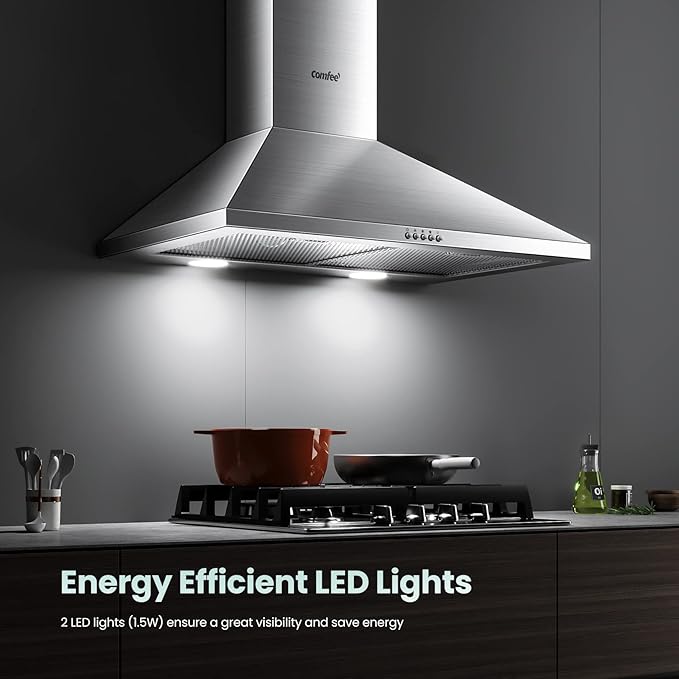 COMFEE' CVP30W6AST Ducted Pyramid Range 450 CFM Stainless Steel Wall Mount Vent Hood with 3 Speed Exhaust Fan, 5-Layer Aluminum Permanent Filters, Two LED Lights, Convertible to Ductless, 30 inches