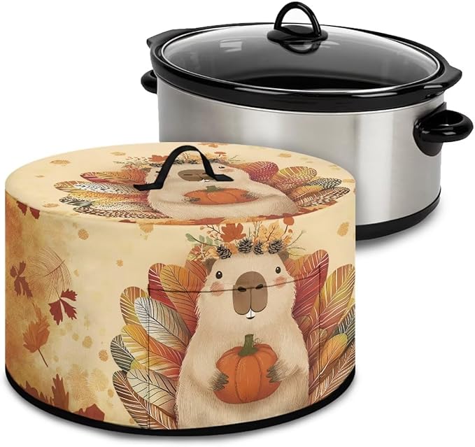 Slow Cooker Dust Cover Compatible with 6/7/8 Quart Slow Cooker Dust Proof Electric Slow Cooker Cover with Pocket for Crock Pot Thanksgiving Decor, Groundhog Turkey Pumpkin Maple Leaf Print