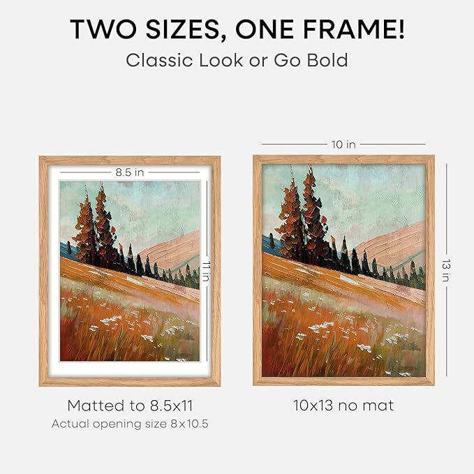 Homeforia 10x13 Picture Frame Wood, High End Natural Oak 10x13 Light Wooden Poster Frames with Mat 8.5x11, 10 x 13 Frame Matted to 8.5 x 11 Photo, 13x10 Thin Frames, Tempered Glass, Wall Kit, Set of 2