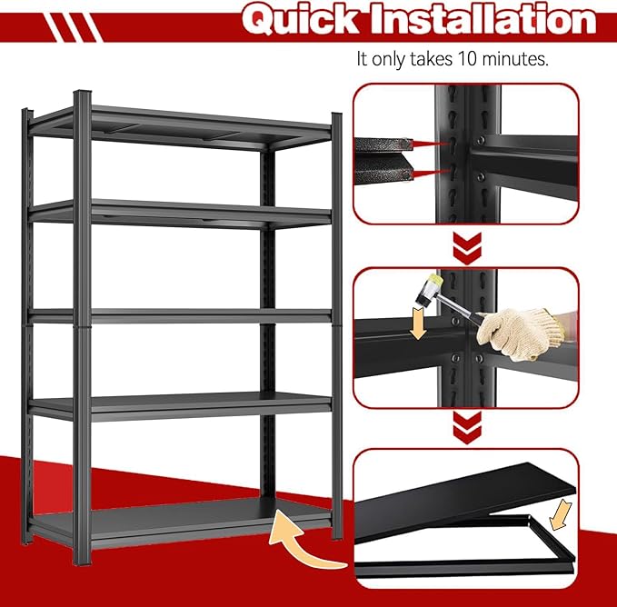 72" H Garage Shelving Unit | Heavy Duty 5-Tier Steel | 3000LB Capacity | Garage & Basement Storage | Industrial-Grade Metal Shelving for Warehouses & Workshops | Adjustable, Rust-Resistant, Black