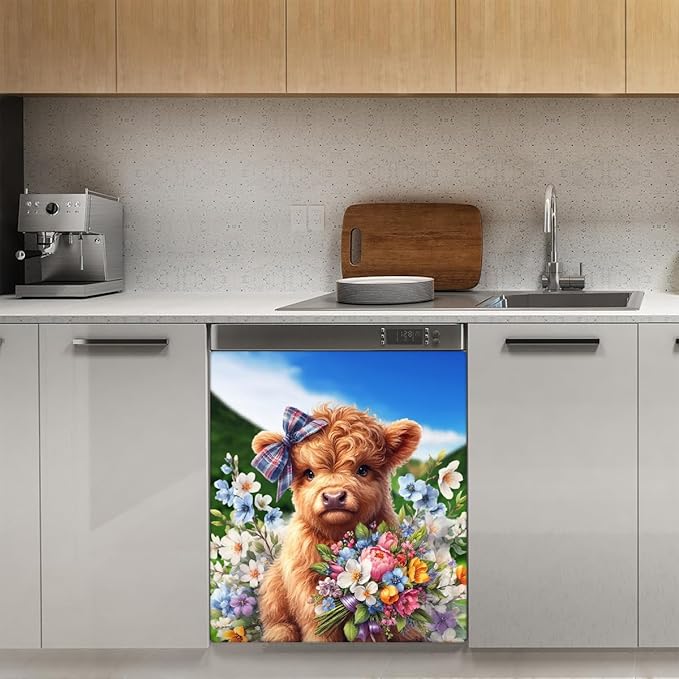 Dishwasher Magnet Cover Flower Highland Cow Cute Dishwasher Decorative Cover Front Dishwasher Door Cover Reuseable Dishwasher Cover Panel Decal for Kitchen Refrigerator Home Appliances 23" X 26"