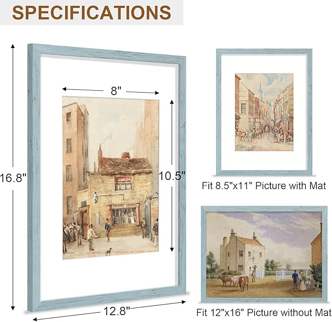 Vittanly 12x16 Picture Frame, Solid Wood Frame with Plexiglass, Includes 8.5x11 Mat, Wall Hanging for Photos, Home Decor, Rustic Blue, 1 Pack