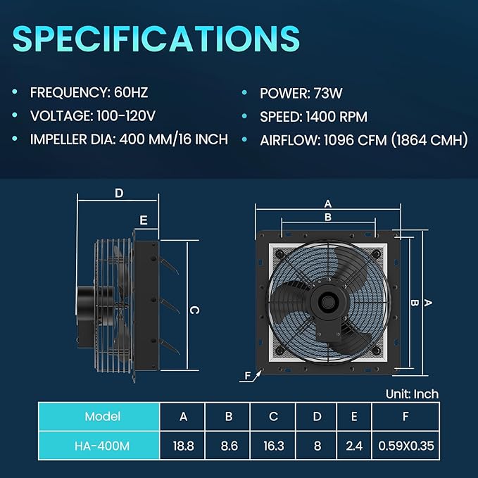 HG Power 16 Inch Shutter Exhaust Fan with Speed Controller, 1096 CFM High-Speed Vent Fan, Wall Mounted Attic Fan for Shed, Basement, Gable, Chicken Coop Ventilation Use, Black