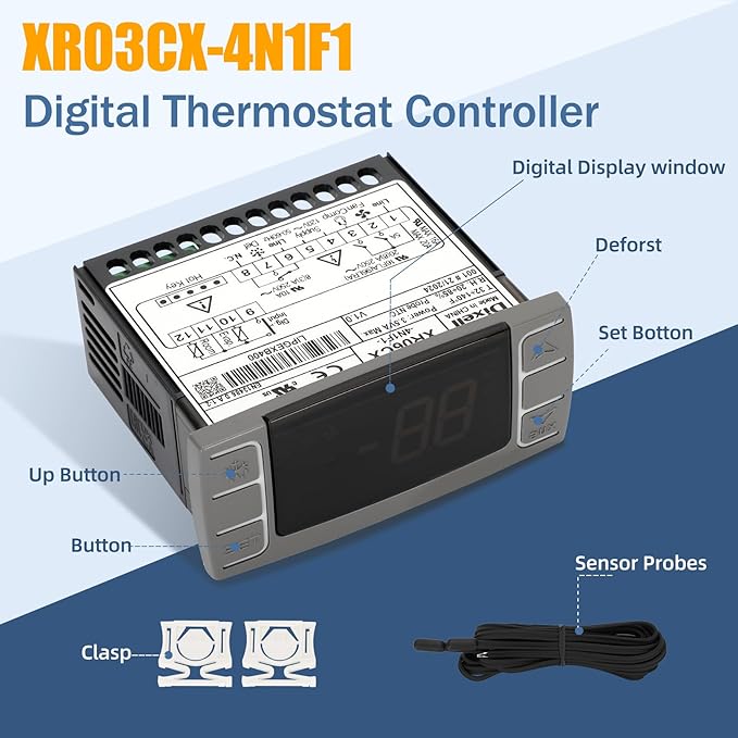 for Dixell XR03CX-4N1F1 Temperature Controllers, Programmable Digital Thermostat with Sensor Probe Fit for 120V 50-60hz Commercial Refrigerators/Freezer (Includes Mounting Hardware)