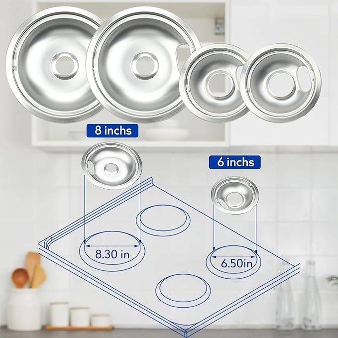 4 Pack (2) 6" & (2) 8" Electric Stove Burner Covers, Replacement Chrome Drip Pans for Whirlpool W10278125 W10196405 W10196406