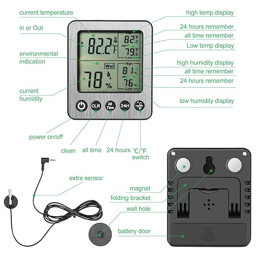 2 Pack zz20 Digital Fridge Thermometer with Extra Sensor, Hygrometer - Max/Min Temp & Humidity, Black