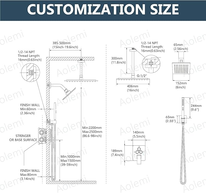 Aolemi Shower Faucet Set Ceiling Mount Shower System Rough-in Valve and Shower Trim Kit 2 in 1 Handheld Spray Push Button Diverter 16 and 6 Inch Dual Shower Head Brushed Nickel