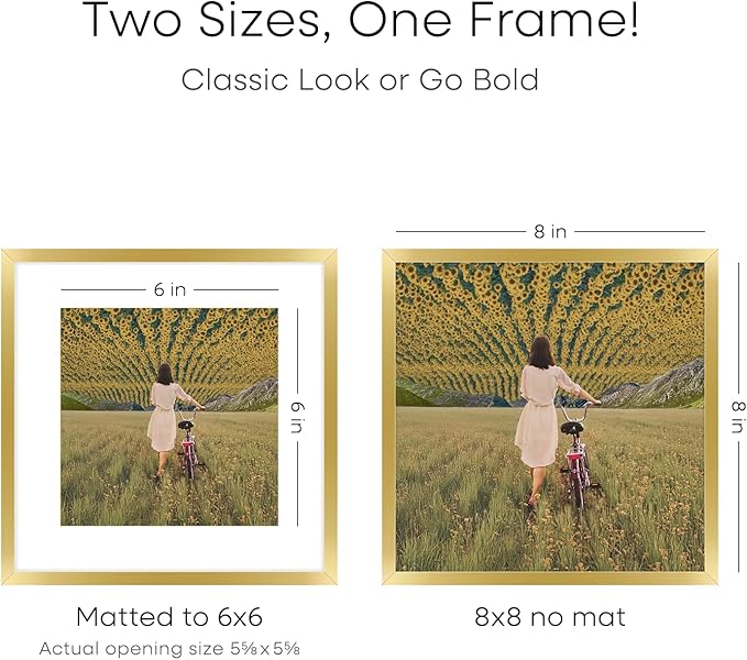 Homeforia 8x8 Picture Frame Gold, High End Metal 8 x 8 Square Photo Frames with Mat 6 by 6, 8x8 Poster Frame Matted to 6x6 inches Print, 8by8 Wall or Tabletop Frame, Tempered Glass, Wall Kit, Set of 4