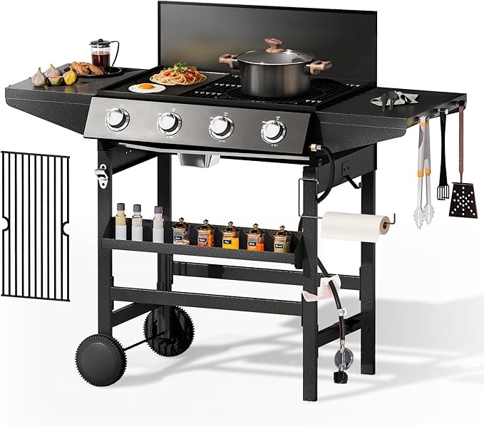 Sophia & William 4-Burner BBQ Propane Gas Grill Griddle & Stove Combo, 482 SQ.IN.Cooking Area, 52,000 BTU Gas Barbeque Grills Outdoor Cooking with Two Shelves for Outside Patio Barbecue, Black