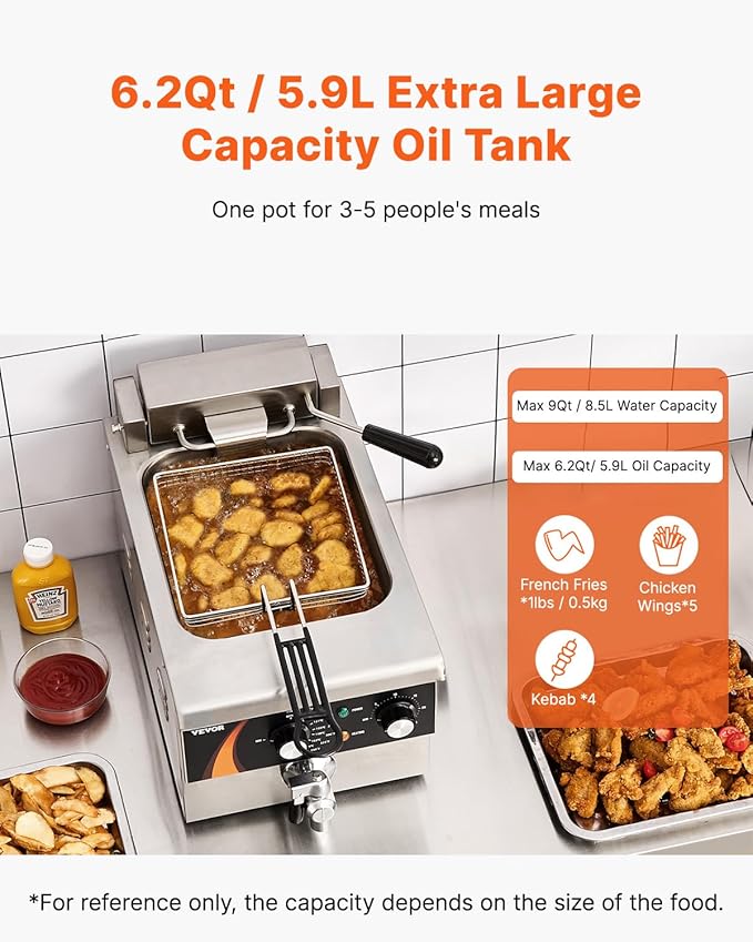 VEVOR Commercial Deep Fryer, 9Qt /8.5 L Single Oil Fryer, 1mm Thickened Stainless Steel, 1750W Electric Countertop Fryer with Basket, Time & Temp Control, for Kitchen Restaurant Use, Silver