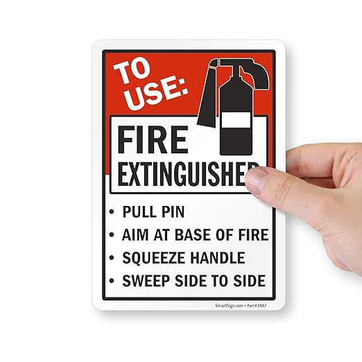 SmartSign (4-Pack) 7" x 5" 'to Use Fire Extinguisher - Pull Pin, Aim at Base, Squeeze Handle' Sticker Labels, 5 mil Laminated Polyester with SuperStick Adhesive, Red/Black/White, USA-Made