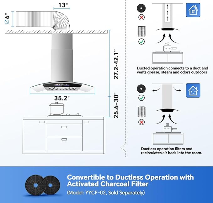 Island Range Hood 36 Inch 700 CFM, Ceiling Mount Kitchen Exhaust Hood with Gesture Sensing & Color Touch Control, Tempered Glass, 3 Speed Vent Fan, 4 LED Lights, Permanent Baffle Filters