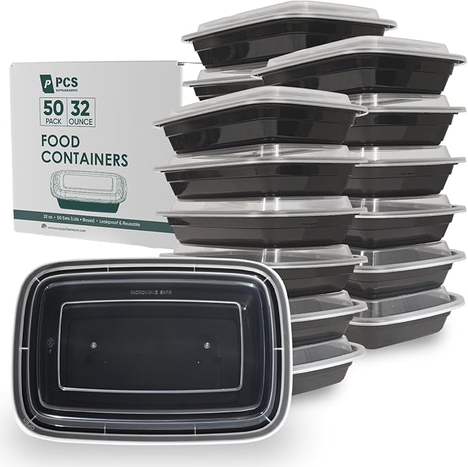 32 oz 50 Pack Meal Prep Containers BPA Free Leakproof Stackable Food Storage Containers with Lids, Microwave & Dishwasher Freezer Safe Reusable To Go Containers Bento Box Style Take Out Clear Plastic