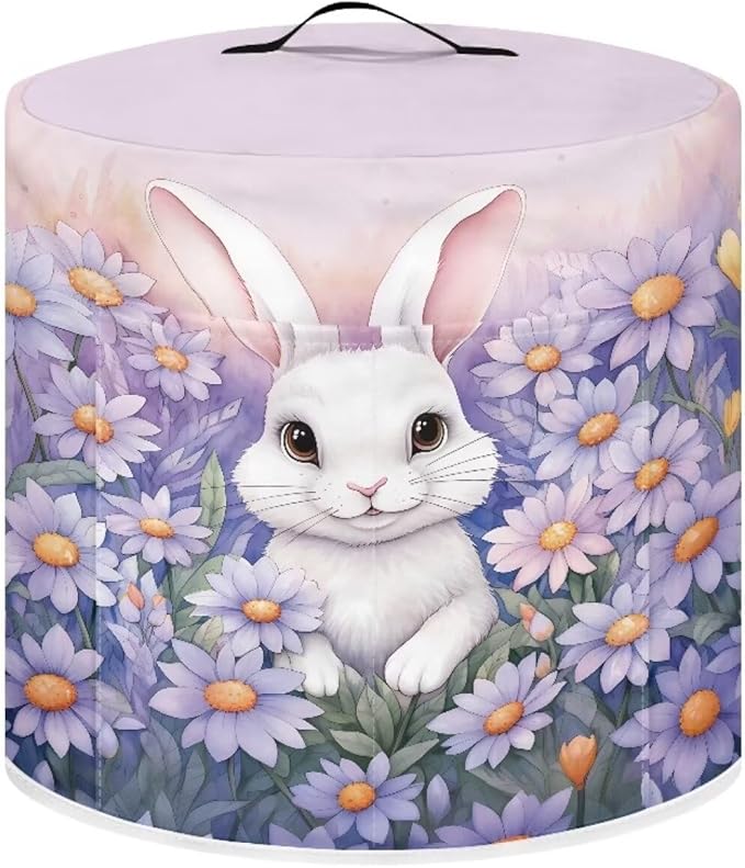 Pressure Cooker Cover for 3 Quart Air Fryer, Stain Resistant Washable Round Protective Electric Appliance Cover Kitchen Easter Decoration, Bunny Purple Flower