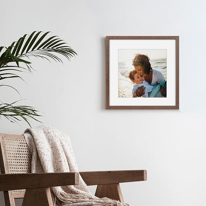 Square 12x12 Picture Frame, Oak Wood Frame 12 by 12, 12"x12" Photo Frames for Wall, 12 x 12 Picture Frame with Mat for 8 x 8, 12x12 Collage Wall Gallery Frame, Tempered Glass - Walnut Color, 1 Pack