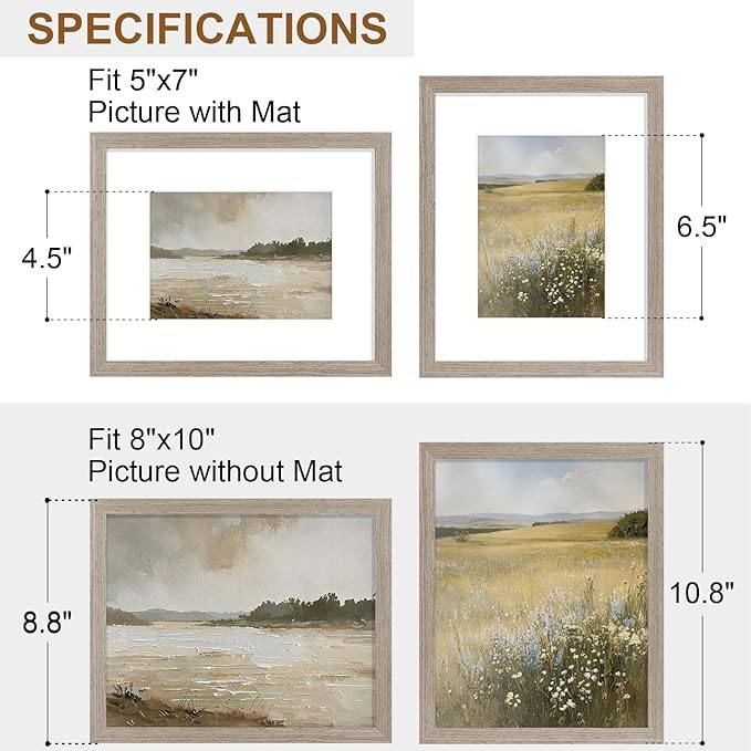 Vittanly 8x10 Picture Frame Set of 2, Solid Wood Frame for Wall or Tabletop, Display Photo 5x7 with Mat or 8x10 without Mat, Light Brown