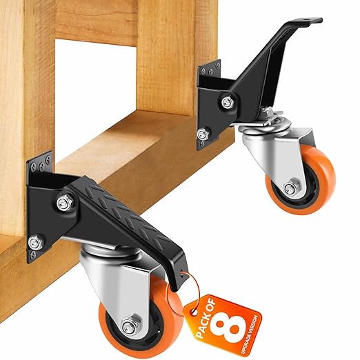 Caster Wheels, 3 Inch Workbench Casters Set of 8 Heavy Duty - 800 Lbs Capacity Retractable Swivel Castors with No Noise Polyurethane Wheels, Easy to Install for Tables Legs, Work Bench & Tool Carts