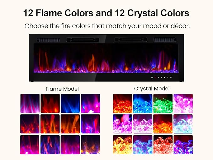 RealSmart Electric Fireplace Heater Inserts 60" Wall Mounted Electric Fireplace 750W/1500W in-Wall Recessed Heaters with Remote Control,Fit for 2 X 6 stub,12 Adjustable Color Flame & Brightness,Timer