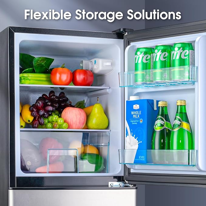 Fridge with Bottom Freezer and Drawer, 4.0 Cu.Ft Double Door Refrigerator with 7 Adjustable Temperature Settings for Bedroom, Dorm, Office, Apartment, Adjustable Shelves, Large Capacity, Silver