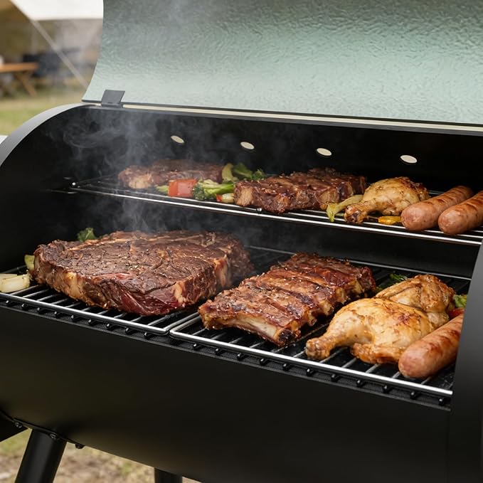 Electric Pellet Smoker Grill Combo 8 In 1 Wood Grill Smoker 456 Sq.In Cooking Area with Meat Probe & Side Table with Hooks PID Controller, Auto Temperature Control 500°F Max