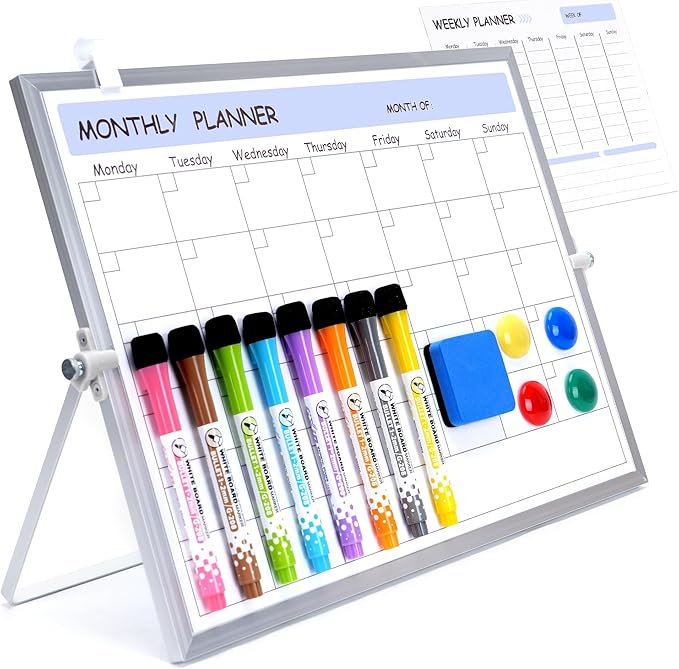 3 in 1 Blue Magnetic Dry Erase Weekly Planner&Monthly Calendar& 16"x12" Double Sided Magnetic Desktop Whiteboard with Stand,8 Markers, 4 Magnets, 1 Eraser for Office,School,Home