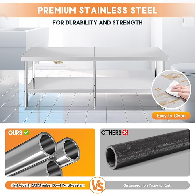 Jocisland 30" x 96" Stainless Steel Table for Prep & Work Adjustable Under Shelf and Feet, for Commercial Kitchen, Restaurant, Hotel and Garage