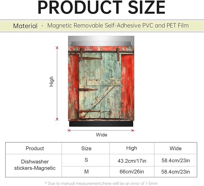 Paint Peeling Wood Door Dishwasher Magnets Decorative Cover, Vintage Barn Door Fridge Magnetic Panel Decal, Magnet Dishwasher Skin Cover Sticker 23" W x 26" H Magnetic