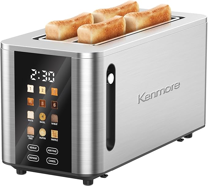 Kenmore 4-Slice Digital Touchscreen Toaster - 900W Stainless Steel, Wide Slots 6 Shade Settings, Bread Presets, Countdown Timer, Reheat & Defrost Functions Compact Countertop Design tostadora digital