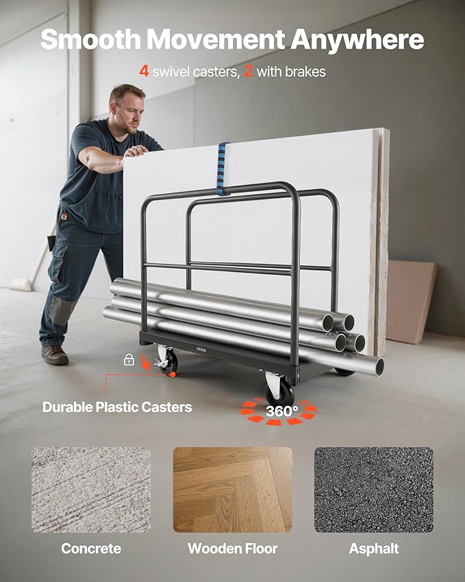 VEVOR Drywall Cart Dolly, 1800 lbs Load Capacity, 2-in-1 Steel Panel Truck Cart with 5 inch Swivel Casters, 36 x 24 inch Platform Truck with 4 Side Handrails for Factory, Warehouse, Garage, Black