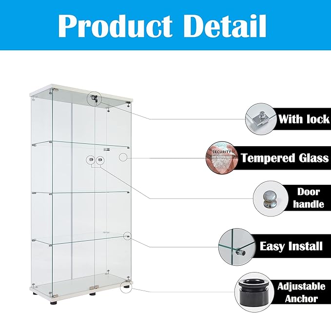 64.5" H 4-Shelf Glass Display Cabinet with Double Door,Modern Curio Cabinet Collection Display Case,Floor Standing Bookshelf Glass Display Case with Lock for Living Room Bedroom (White)