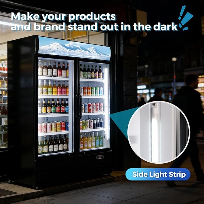 36 Cu Ft Commercial Beverage Refrigerator with 2 Glass Doors - Upright Drink Cooler Merchandiser with LED Light Display, 8 Adjustable Shelves, Black, ETL Approved for Business & Retail