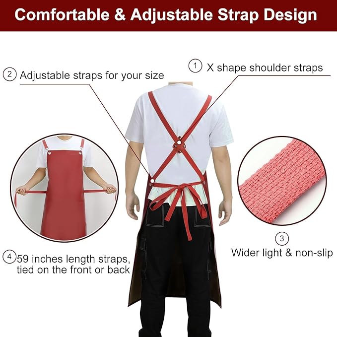 2 Pack Heavy Duty Vinyl Dishwasher Apron Adjustable Cross Back Strap for Dishwasher, Butcher, Dog Grooming, Chemical Resistant, 43" Long Thicker Apron Red