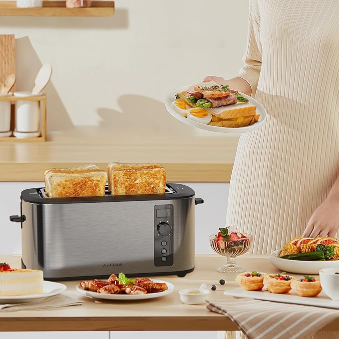 Toaster 4 Slice with Countdown Timer, Extra Wide Slots for Bagels and Waffles, 6 Browning Settings, Removable Crumb Tray, Stainless Steel