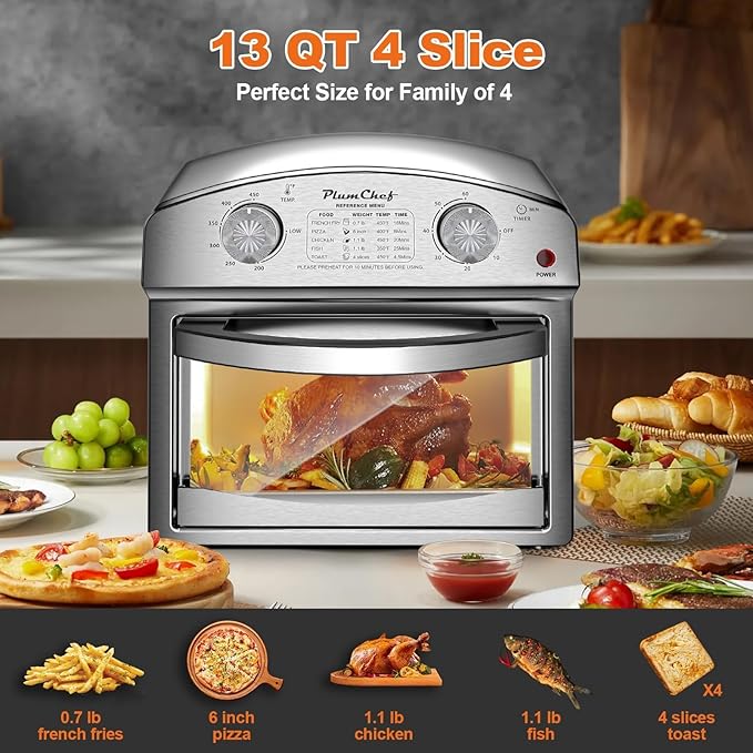 PlumChef 13 Quart 4 Slices Air Fryer Convection Toaster Oven, 1500W, Multifunction Oven with Reference Menus on Panel, Time and Temperature Controls(Stainless Steel)