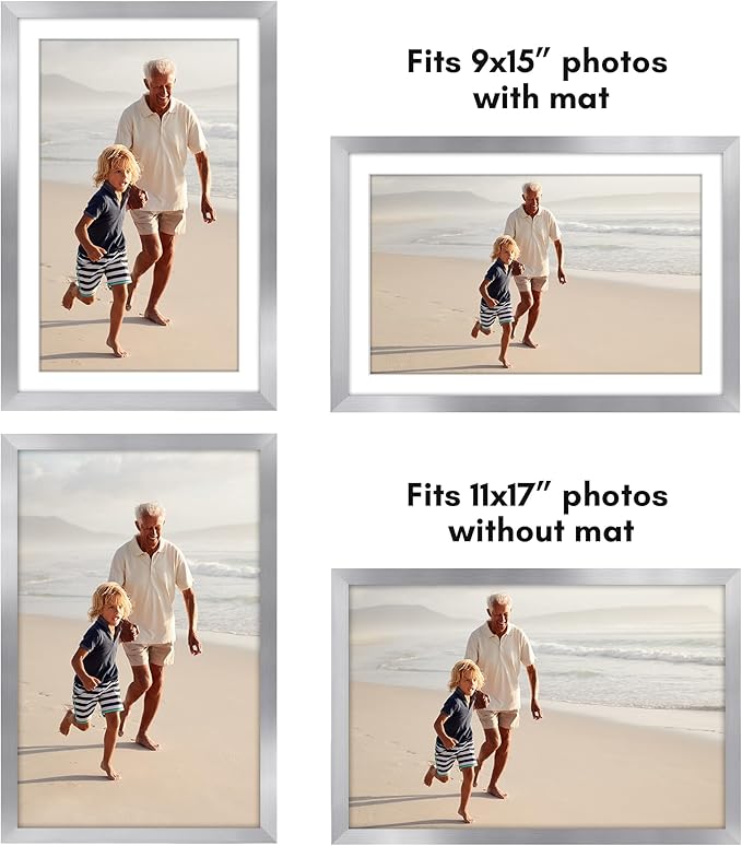 Americanflat 11x17 Picture Frame with Polished Plexiglass - Set of 5 - Use as 9x15 Frame with Mat or Display 11x17 Photo Without Mat - Galleria Collection - Picture Frames for Wall Display - Silver