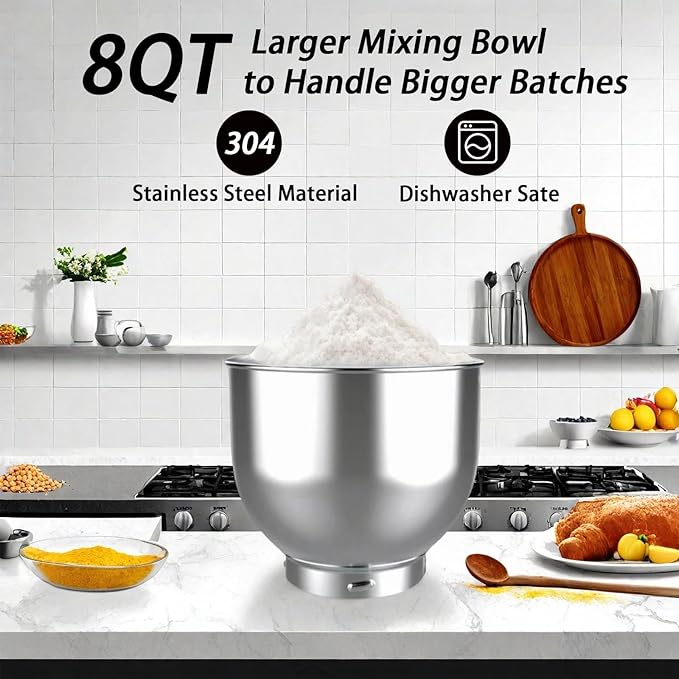 900W Stand Mixer 8 QT Kitchen Dough Mixers LED Touch Screen Adjustable Speed Electric Household Mixers With Bowl,Dough Hook,Whisk And Beater For Baking, Cake,Pizza And Most Home Cooks