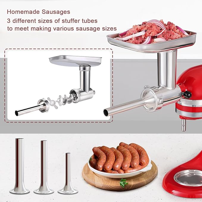 Stainless Steel Food Grinder Attachment for KitchenAid Mixers, Heavy-Duty Metal Meat Grinder with 3 Sausage Stuffers & Grinding Plates, Dishwasher Safe Accessories by Rafbar